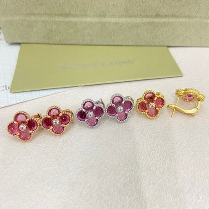 [⭐Novea]2026 NEW  CLOVER 1 MOTIFPINK ENAMEL STUD EARRINGS WITH DIAMONDS2