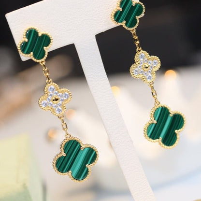 [⭐Novea]CLOVER EARRINGS GOLD MALACHITE DIAMOND 3 MOTIF