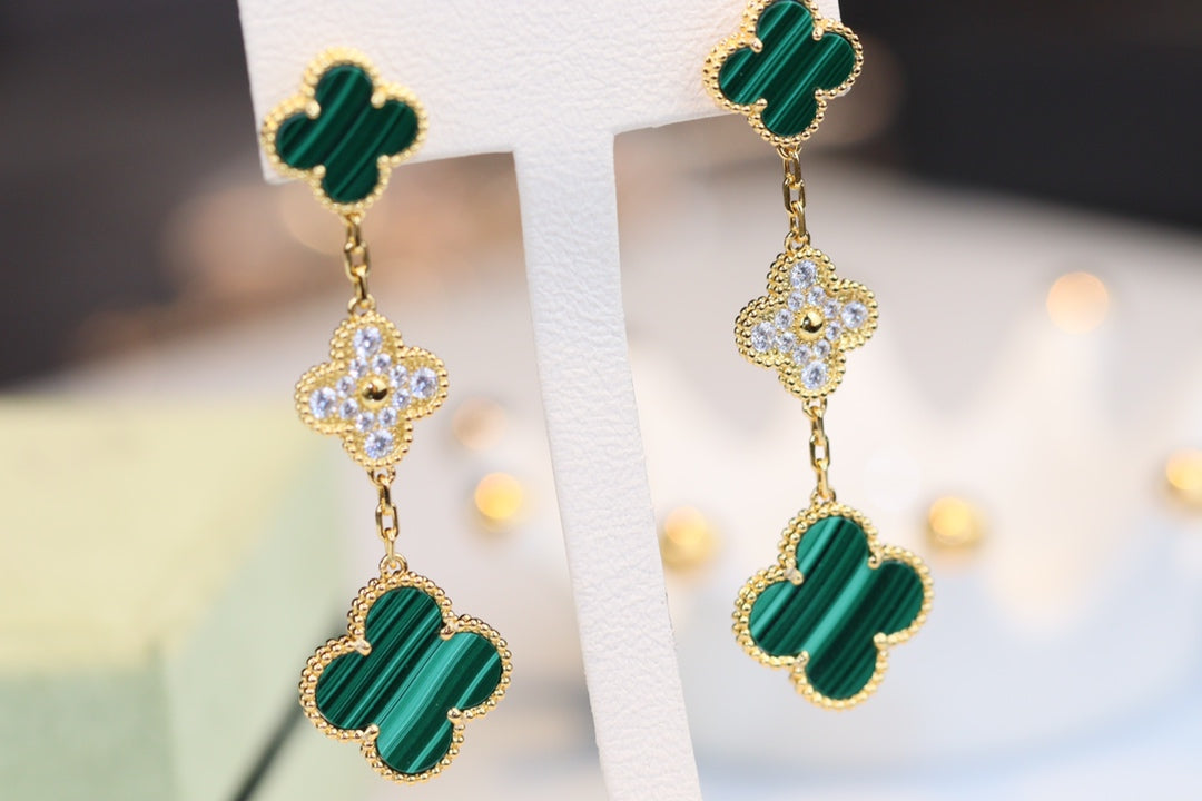 [⭐Novea]CLOVER EARRINGS GOLD MALACHITE DIAMOND 3 MOTIF