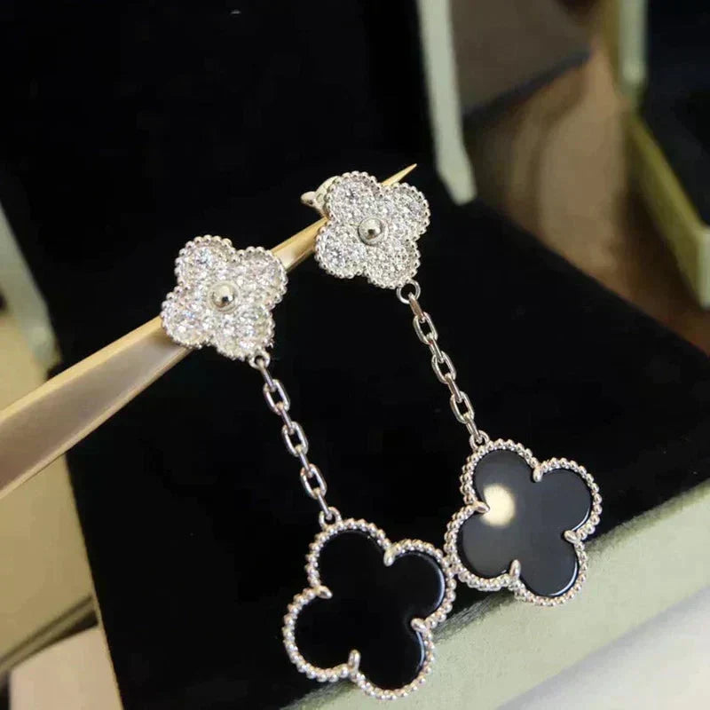 [⭐Novea]CLOVER 2 MOTIFS  DIAMOND ONYX EARRINGS SILVER
