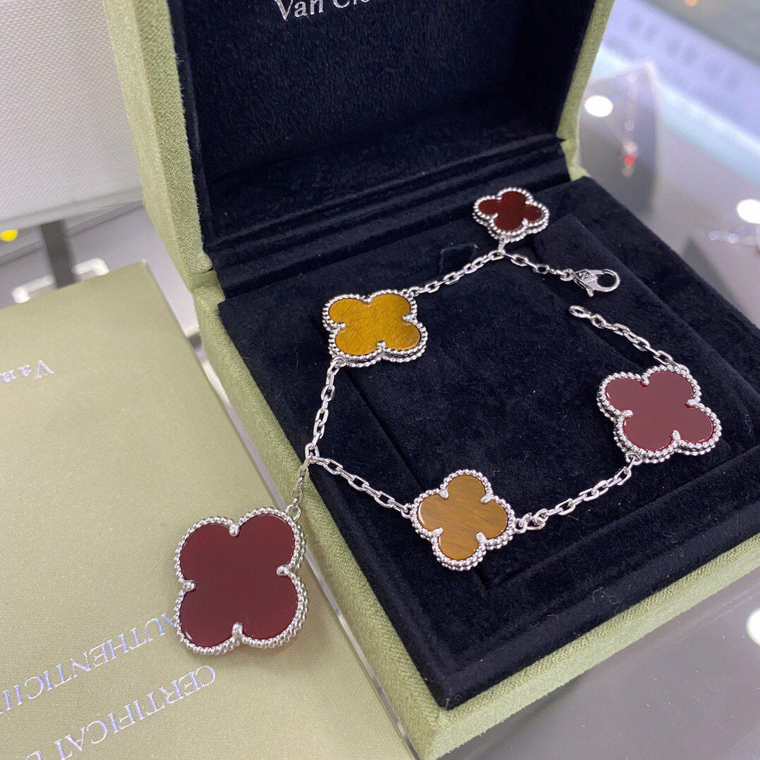 [⭐Novea]CLOVER 5 MOTIFS SIVLER CARNELIAN TIGER EYE BRACELET