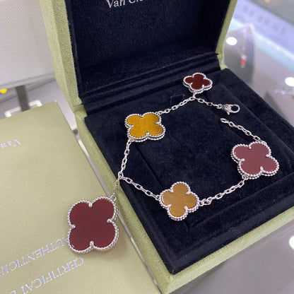 [⭐Novea]CLOVER 5 MOTIFS SIVLER CARNELIAN TIGER EYE BRACELET