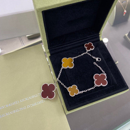 [⭐Novea]CLOVER 5 MOTIFS SIVLER CARNELIAN TIGER EYE BRACELET
