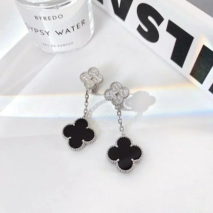 [⭐Novea]CLOVER 2 MOTIFS  DIAMOND ONYX EARRINGS SILVER