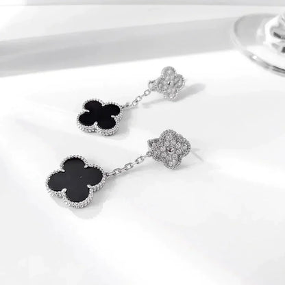 [⭐Novea]CLOVER 2 MOTIFS  DIAMOND ONYX EARRINGS SILVER