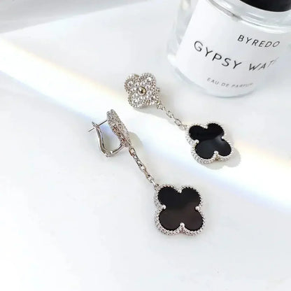 [⭐Novea]CLOVER 2 MOTIFS  DIAMOND ONYX EARRINGS SILVER