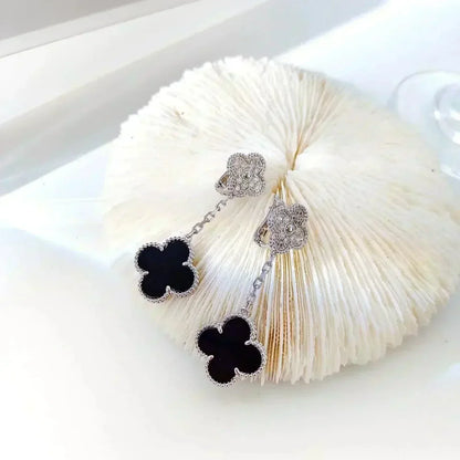 [⭐Novea]CLOVER 2 MOTIFS  DIAMOND ONYX EARRINGS SILVER
