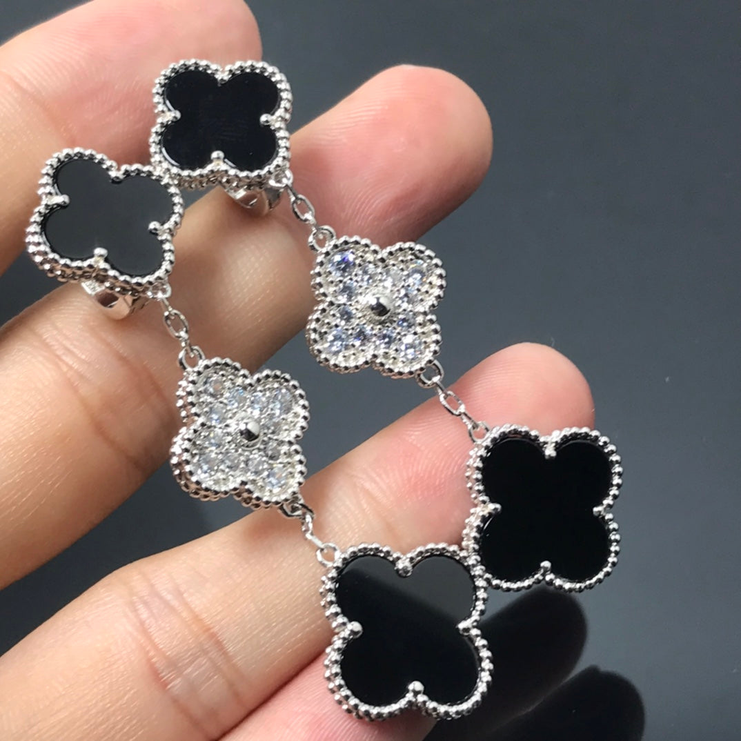 [⭐Novea]CLOVER 3 MOTIF DIAMOND ONYX SILVER EARRINGS
