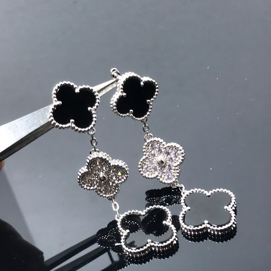 [⭐Novea]CLOVER 3 MOTIF DIAMOND ONYX SILVER EARRINGS