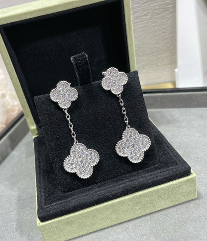 [⭐Novea]CLOVER 2 MOTIFS DIAMOND PAVED SILVER EARRINGS