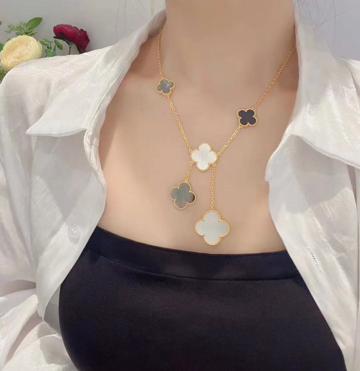 [⭐Novea]CLOVER 6 MOTIF MOP ONYX GOLD NECKLACE