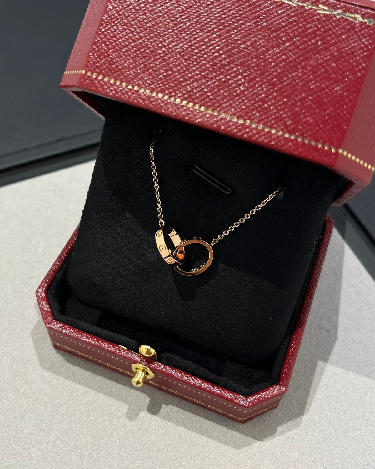 [⭐Novea]LOVE NECKLACE DOUBLE RING PINK GOLD