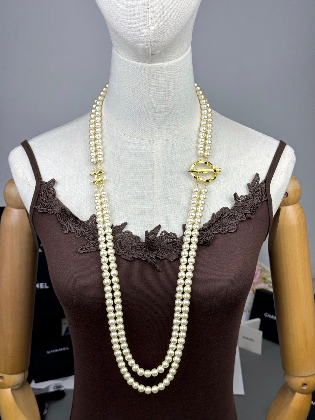 [⭐Novea]25K Pencil Double C Double-Layer Pearl Sweater Chain