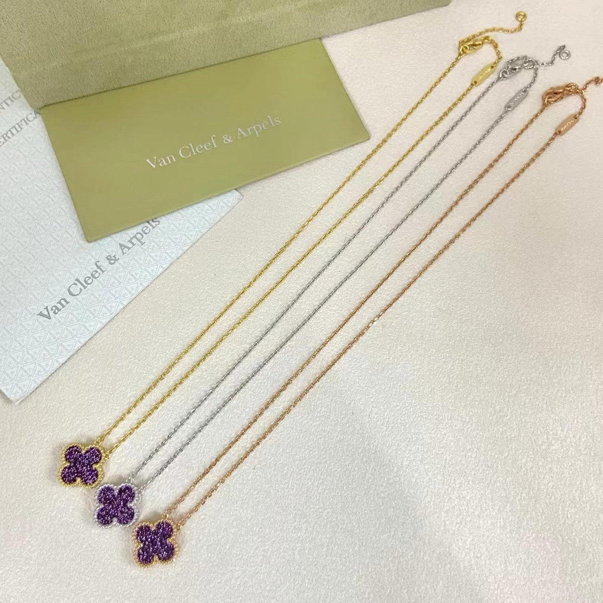 [⭐Novea]NEW 15MM PURPLE SAND-GOLD FOUR-LEAF CLOVER NECKLACE
