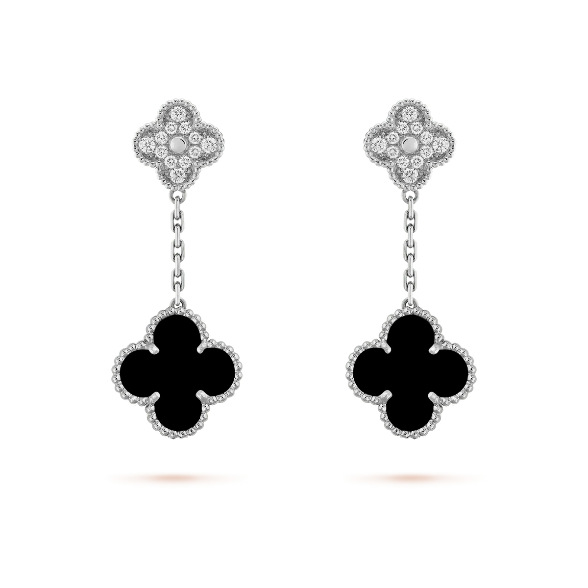 [⭐Novea]CLOVER 2 MOTIFS  DIAMOND ONYX EARRINGS SILVER