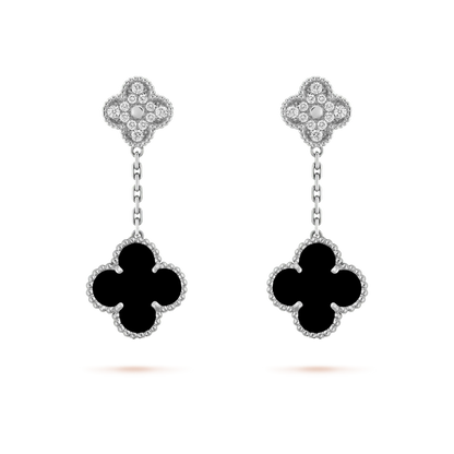 [⭐Novea]CLOVER 2 MOTIFS  DIAMOND ONYX EARRINGS SILVER