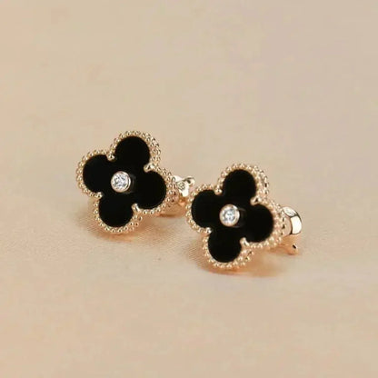 [⭐Novea]CLOVER MEDIUM 1 MOTIFS ONYX DIAMOND EARRINGS