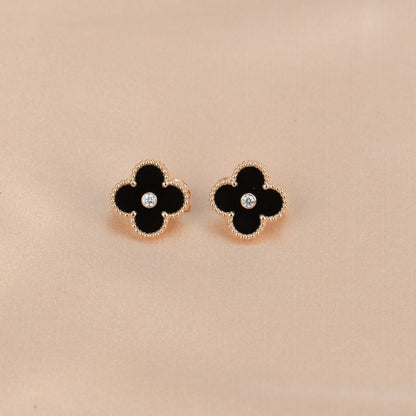 [⭐Novea]CLOVER MEDIUM 1 MOTIFS ONYX DIAMOND EARRINGS