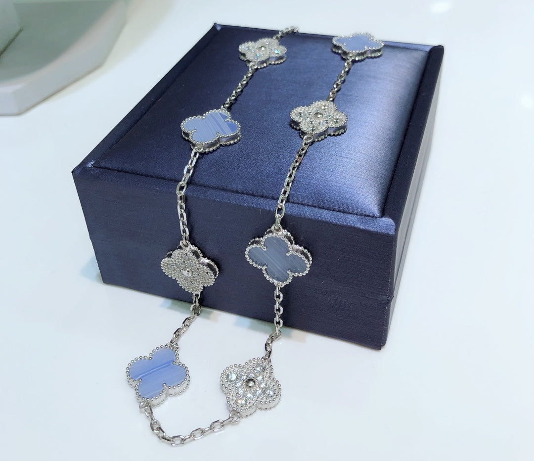 [⭐Novea]CLOVER 10 MOTIFS CHALCEDONY DIAMONDS SILVER NECKLACE