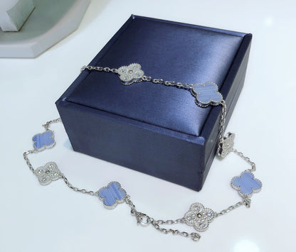 [⭐Novea]CLOVER 10 MOTIFS CHALCEDONY DIAMONDS SILVER NECKLACE