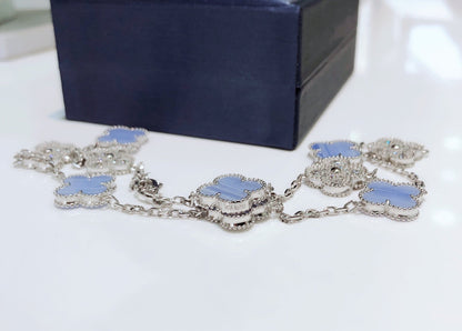 [⭐Novea]CLOVER 10 MOTIFS CHALCEDONY DIAMONDS SILVER NECKLACE