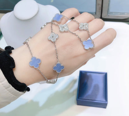 [⭐Novea]CLOVER 10 MOTIFS CHALCEDONY DIAMONDS SILVER NECKLACE