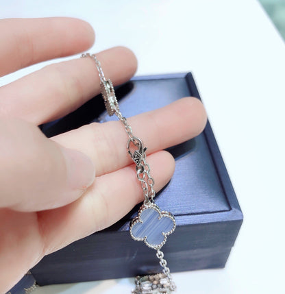 [⭐Novea]CLOVER 10 MOTIFS CHALCEDONY DIAMONDS SILVER NECKLACE