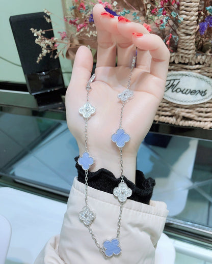 [⭐Novea]CLOVER 10 MOTIFS CHALCEDONY DIAMONDS SILVER NECKLACE